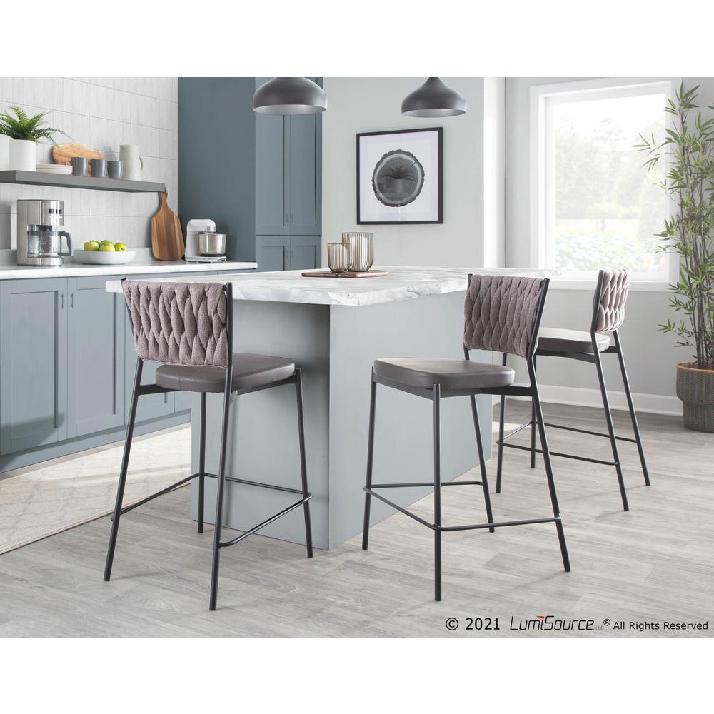 Black Metal, Grey PU, Light Brown Fabric Braided Tania Counter Stool - Set of 2. Picture 9