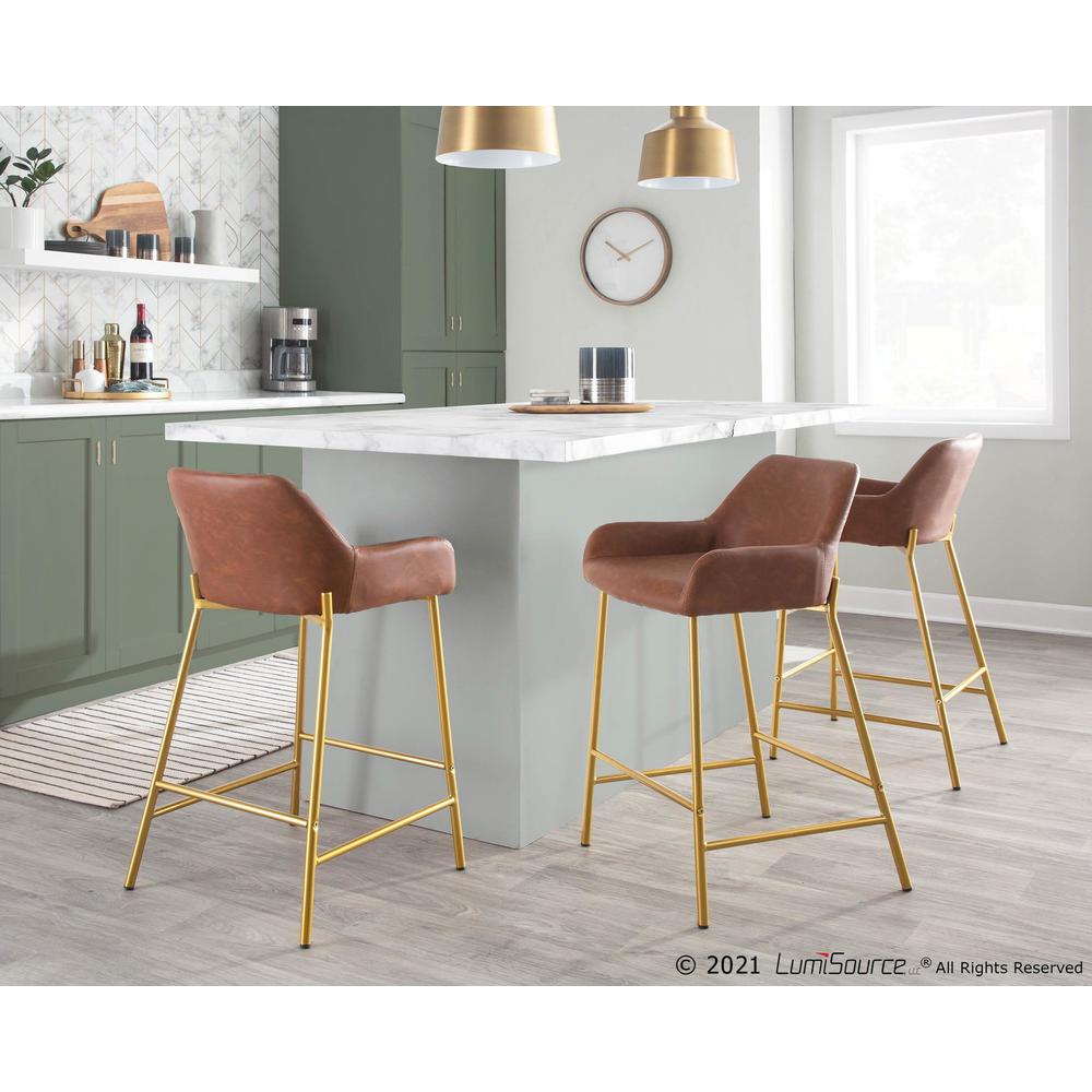 Gold Metal, Camel PU Daniella Fixed-Height Counter Stool - Set of 2. Picture 9