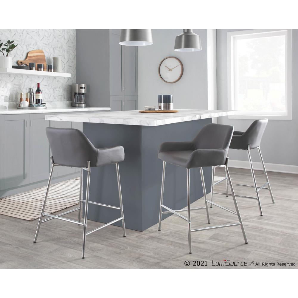 Chrome Metal, Grey PU Daniella Fixed-Height Counter Stool - Set of 2. Picture 8