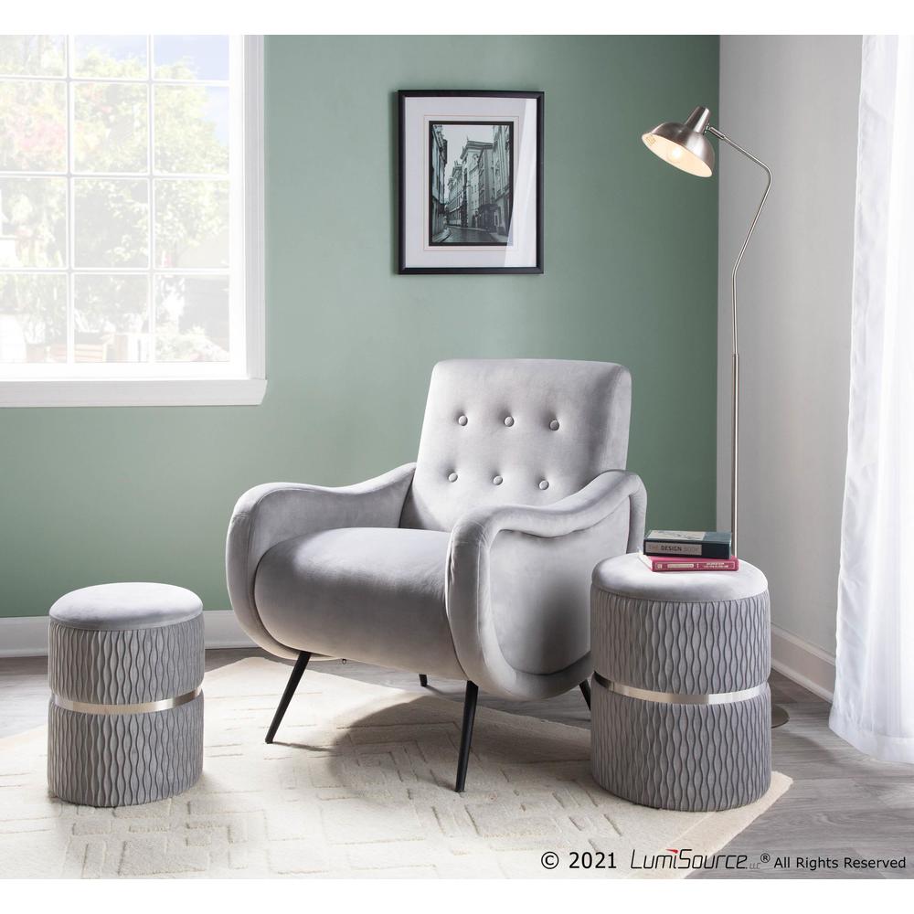 Chrome, Silver Velvet Cinch Nesting Ottoman Set. Picture 5