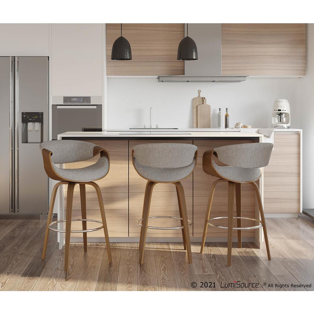 Walnut Wood, Grey Fabric, Chrome Curvini 30'' Fixed Height Barstool - Set of 2. Picture 9