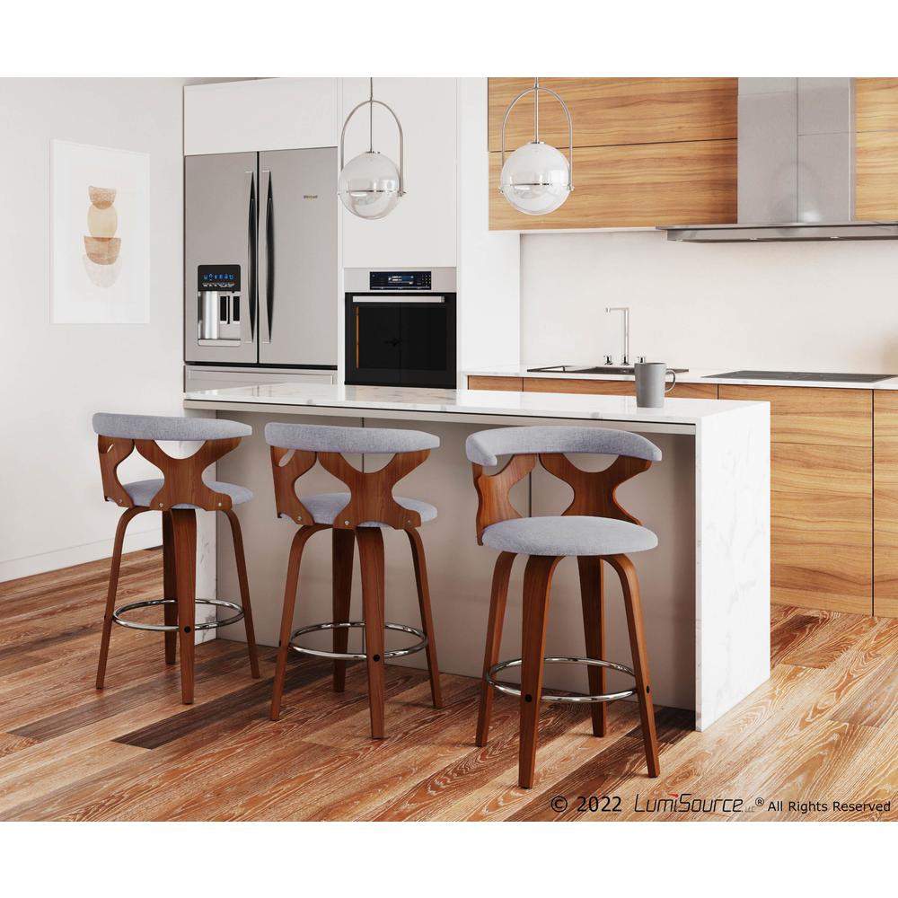 Walnut Wood, Light Grey Fabric, Chrome Gardenia Counter Stool - Set of 2. Picture 9