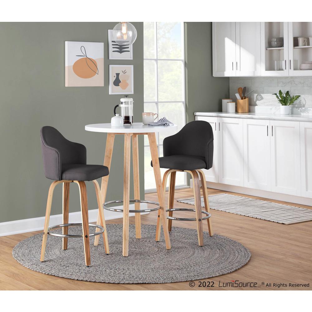 Zebra Wood, Chrome, Charcoal Fabric Ahoy Counter Stool - Set of 2. Picture 7