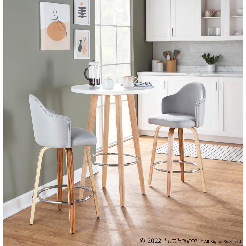 Zebra Wood, Chrome, Light Grey Fabric Ahoy Counter Stool - Set of 2. Picture 7