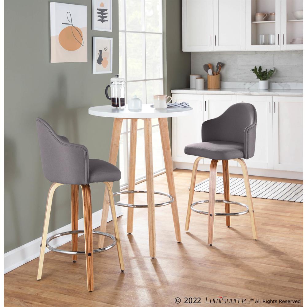 Zebra Wood, Chrome, Grey Fabric Ahoy Counter Stool - Set of 2. Picture 8