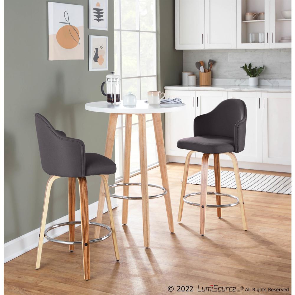 Zebra Wood, Chrome, Charcoal Fabric Ahoy Counter Stool - Set of 2. Picture 8