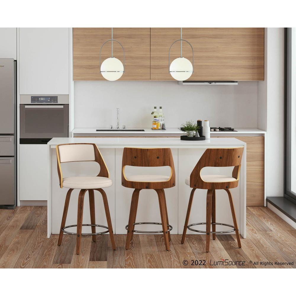 Walnut Wood, Cream PU, Chrome Cecina 24.5'' Counter Stool - Set of 2. Picture 8