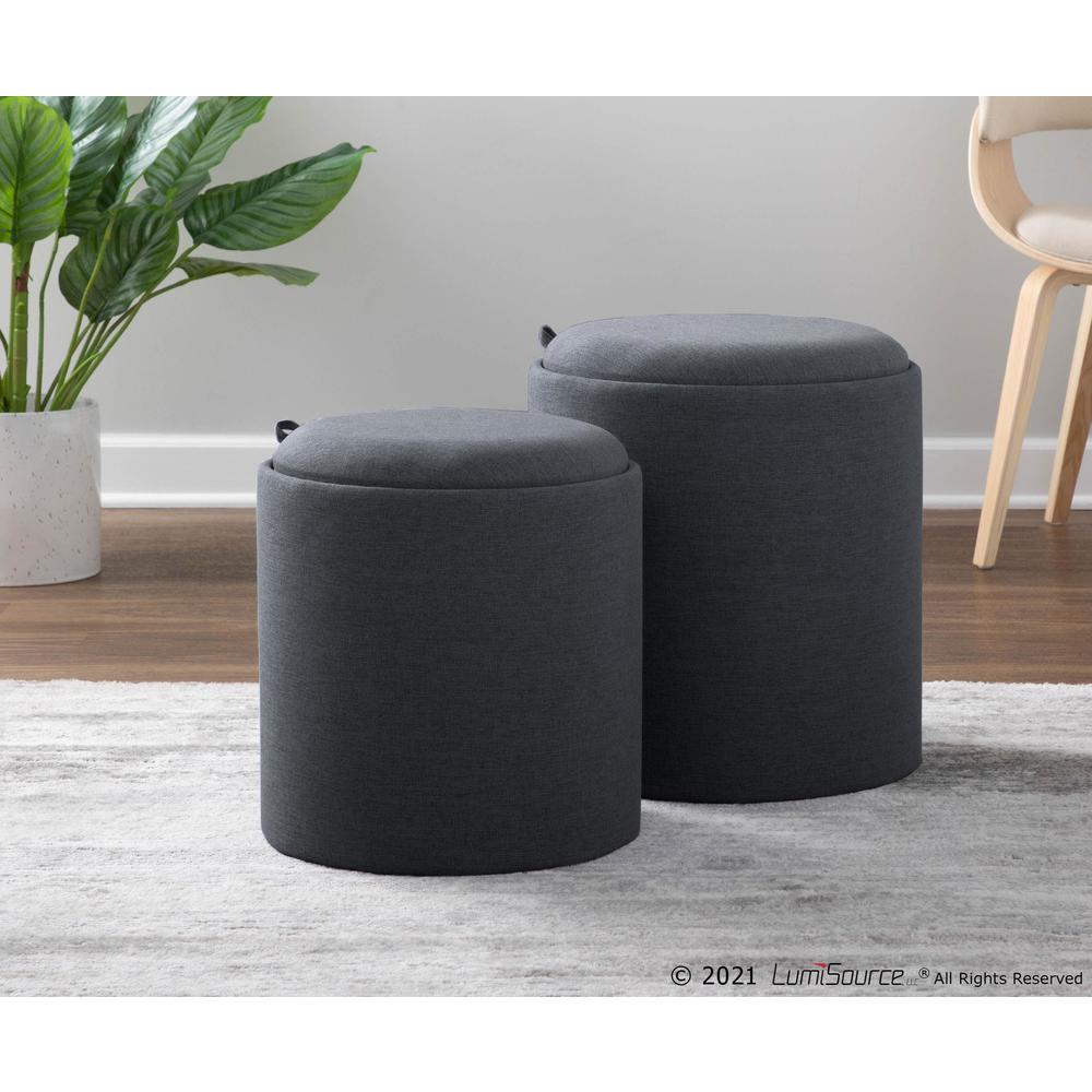 Charcoal Fabric, Natural Wood Tray Nesting Ottoman Set. Picture 6
