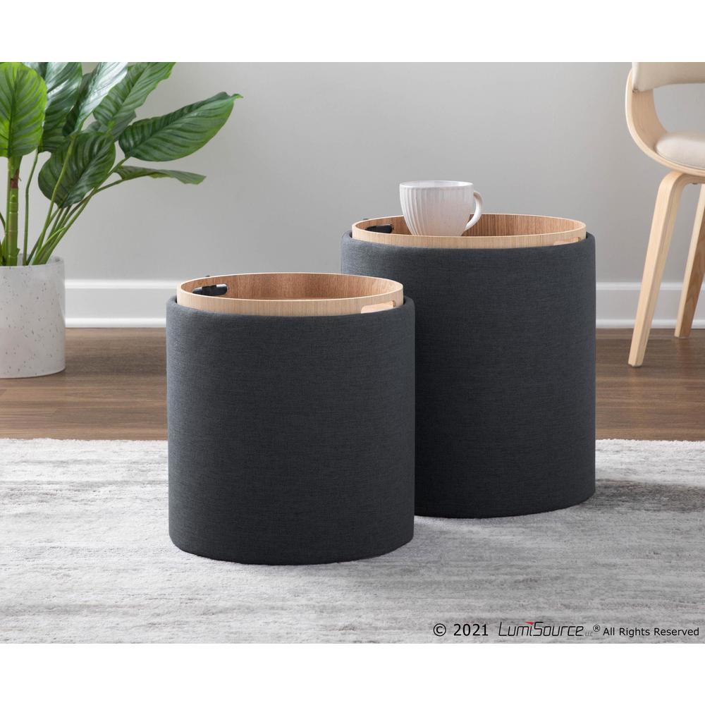 Charcoal Fabric, Natural Wood Tray Nesting Ottoman Set. Picture 7