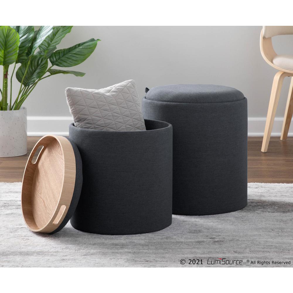 Charcoal Fabric, Natural Wood Tray Nesting Ottoman Set. Picture 8