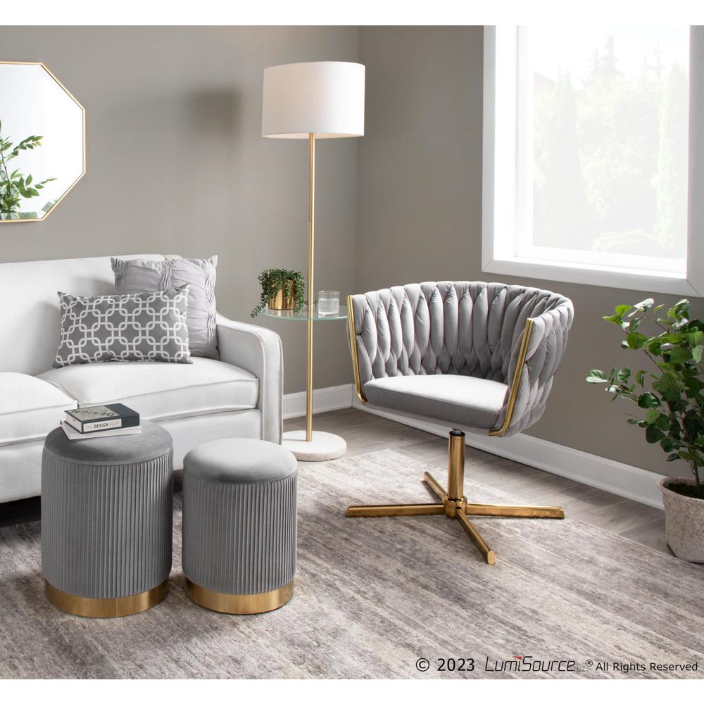 Gold Metal, Silver Velvet Braided Renee Swivel Accent Chair. Picture 7