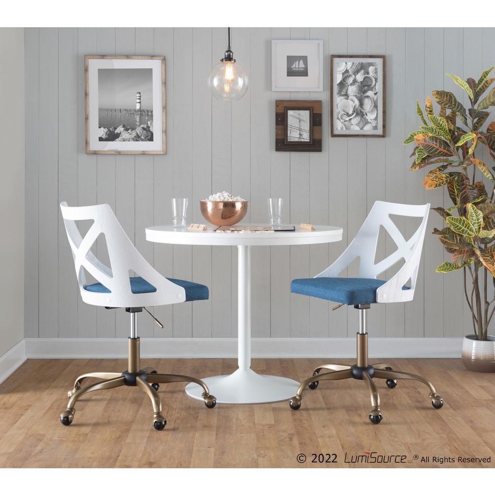 Antique Copper Metal, White Textured Wood, Blue Fabric Charlotte Task Chair. Picture 7