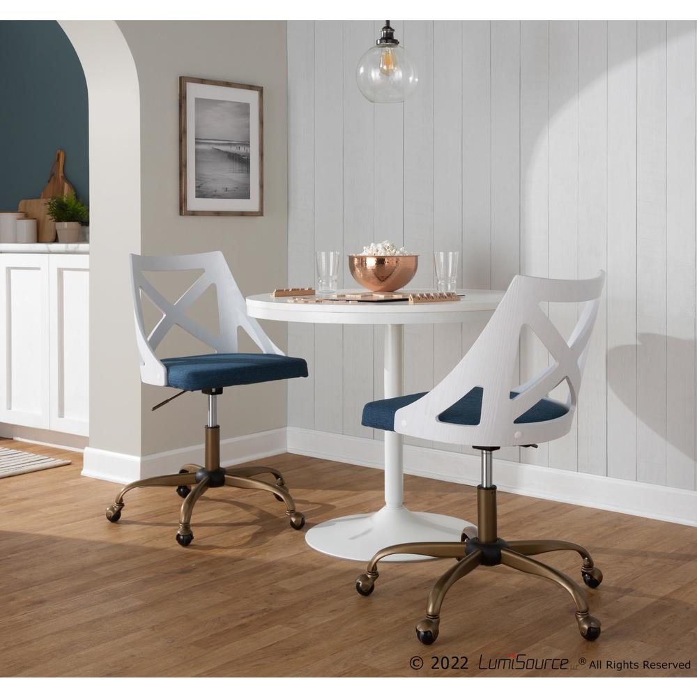 Antique Copper Metal, White Textured Wood, Blue Fabric Charlotte Task Chair. Picture 9