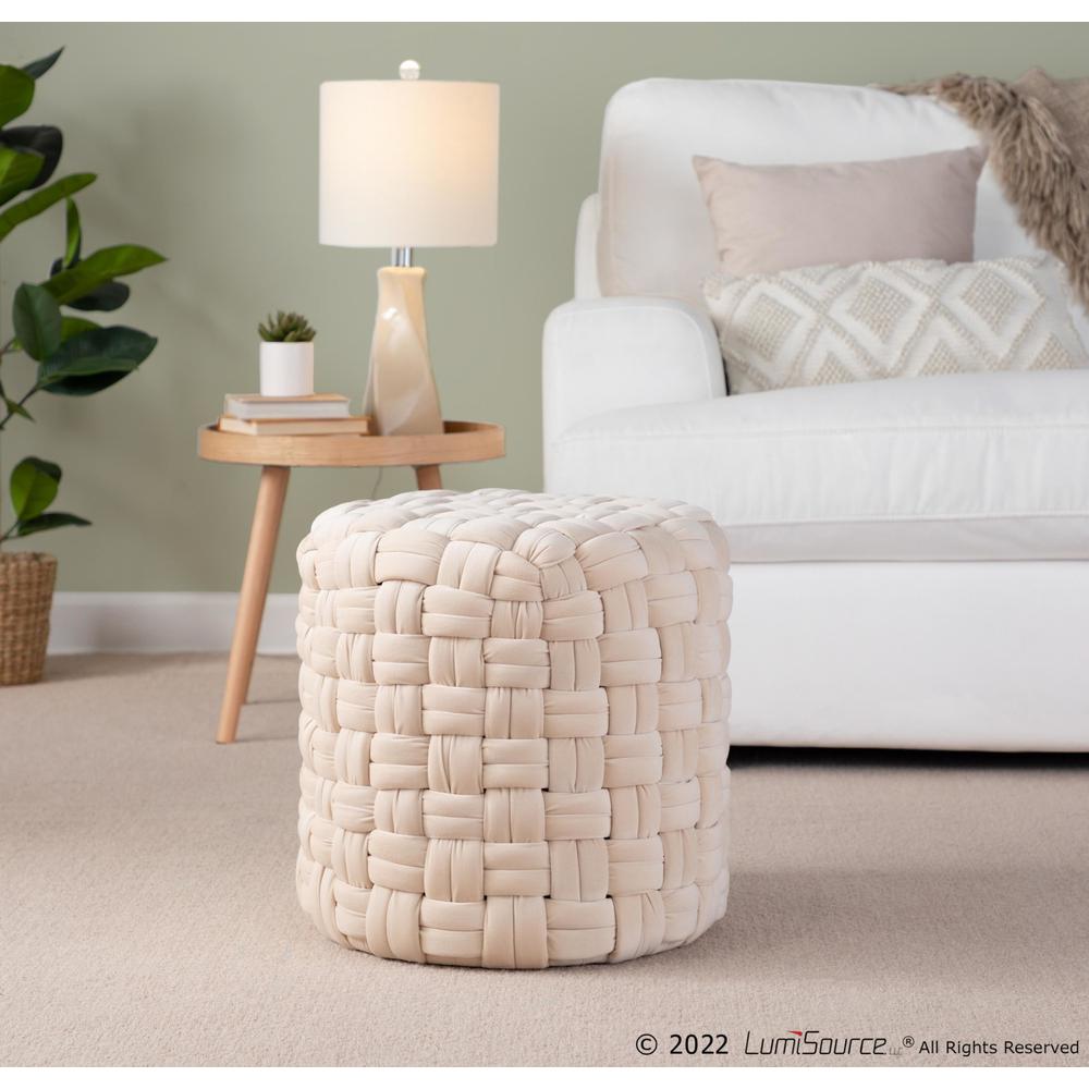 Cream Velvet Braided Round 16" Ottoman. Picture 3