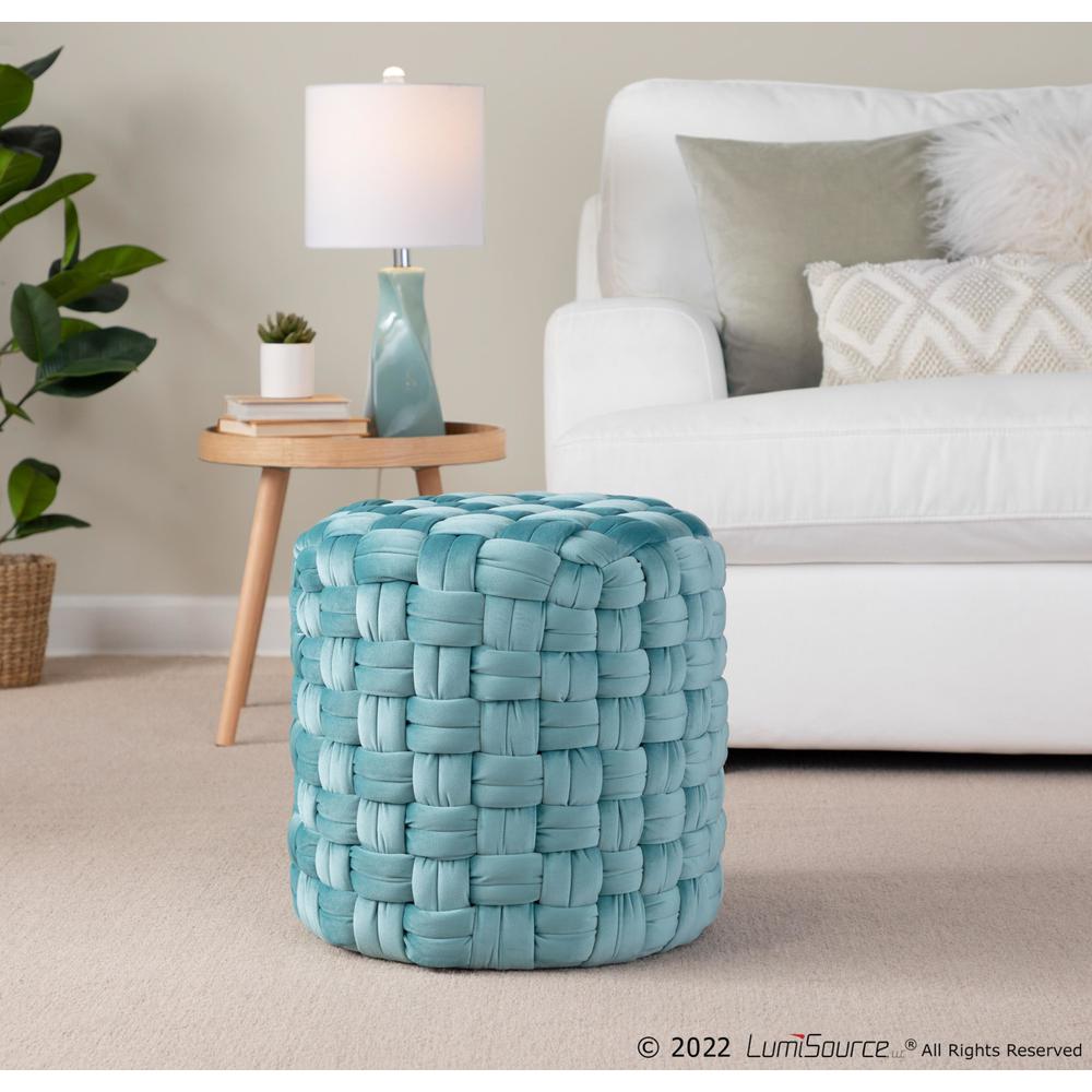 Ice Blue Velvet Braided Round 16" Ottoman. Picture 3