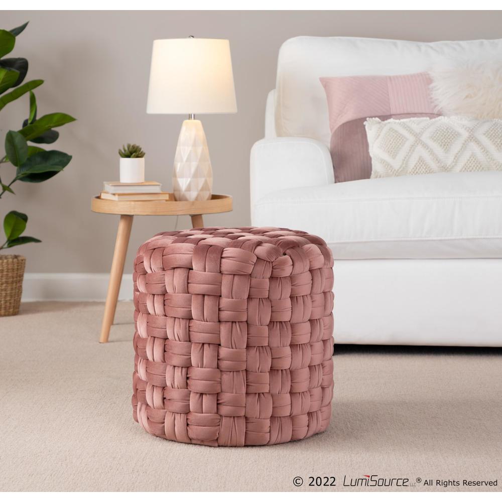 Blush Pink Velvet Braided Round 16" Ottoman. Picture 3