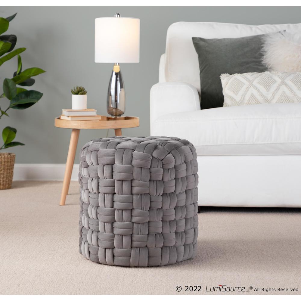 Dark Grey Velvet Braided Round 16" Ottoman. Picture 3