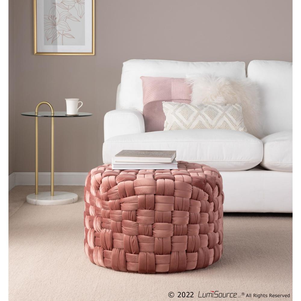 Blush Pink Velvet Braided Round 24" Ottoman. Picture 3