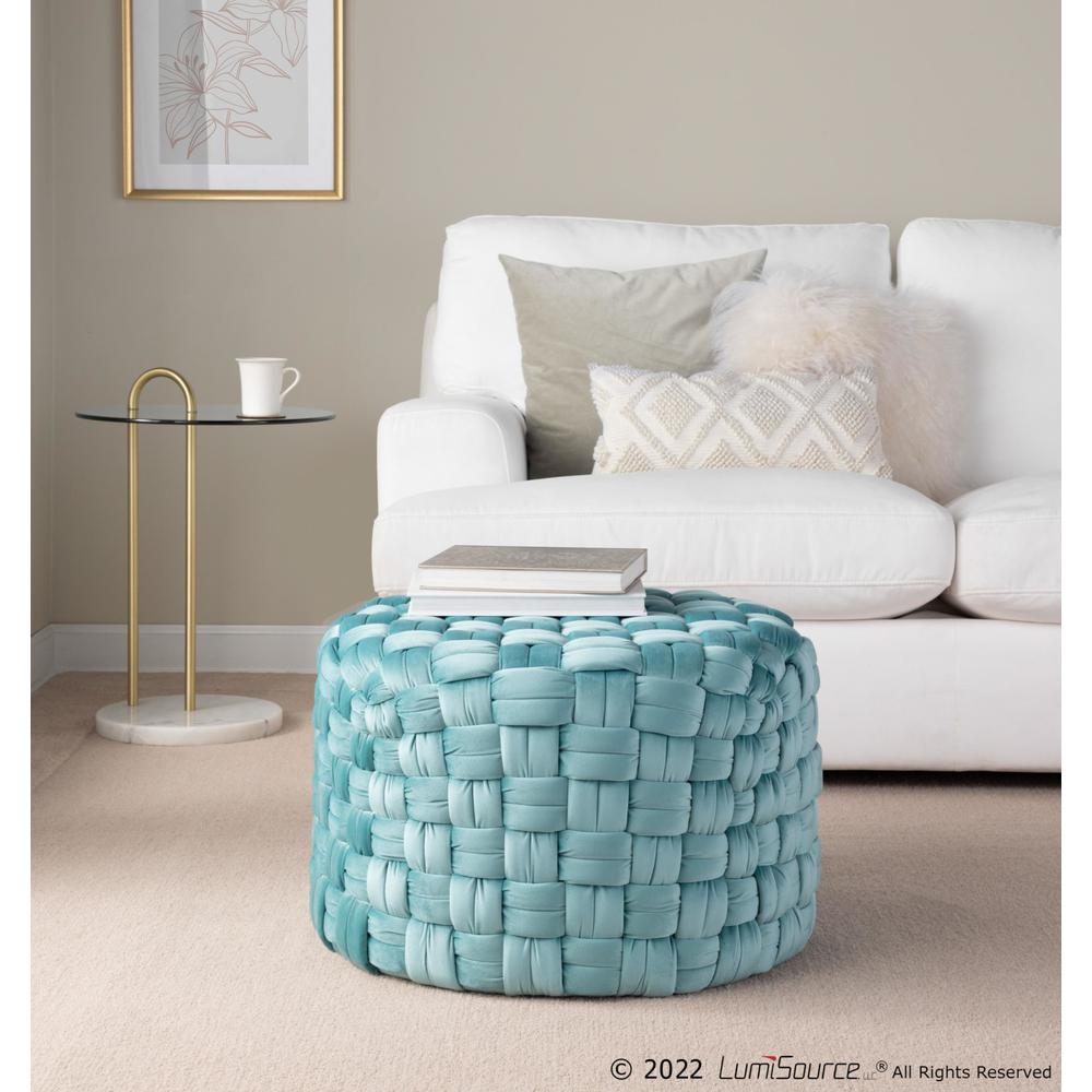 Ice Blue Velvet Braided Round 24" Ottoman. Picture 3