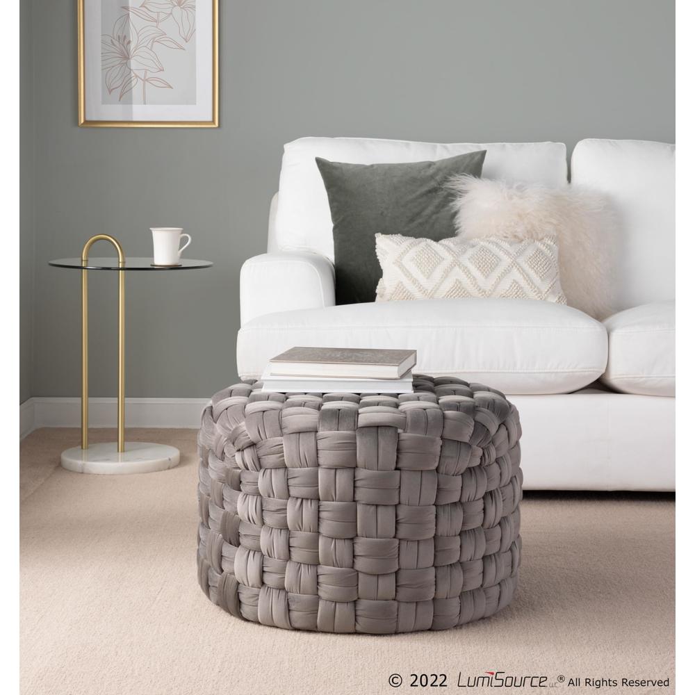 Dark Grey Velvet Braided Round 24" Ottoman. Picture 3