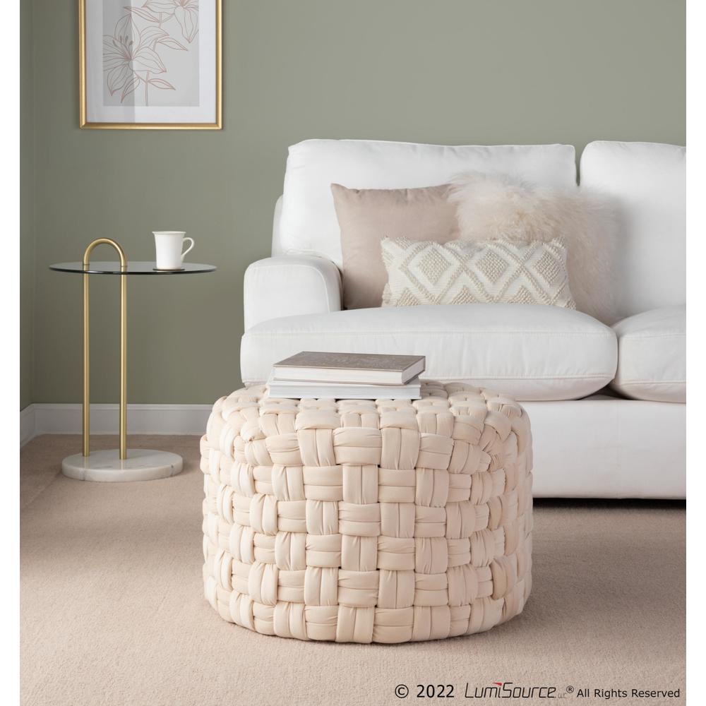 Cream Velvet Braided Round 24" Ottoman. Picture 3