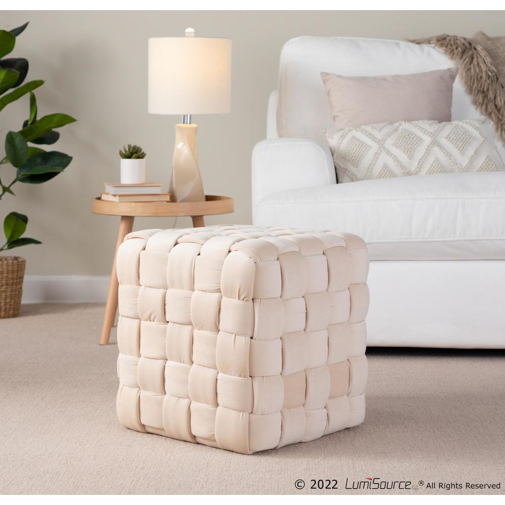 Cream Velvet Braided Square 16" Ottoman. Picture 4