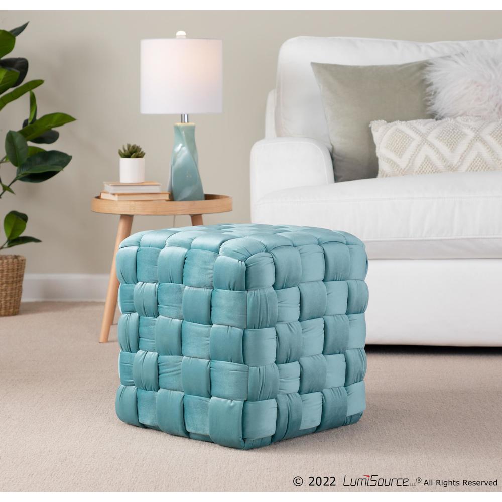Ice Blue Velvet Braided Square 16" Ottoman. Picture 4