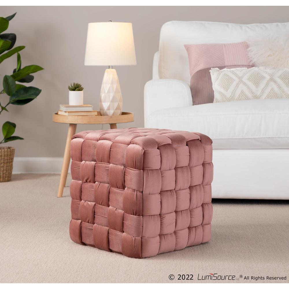 Blush Pink Velvet Braided Square 16" Ottoman. Picture 4