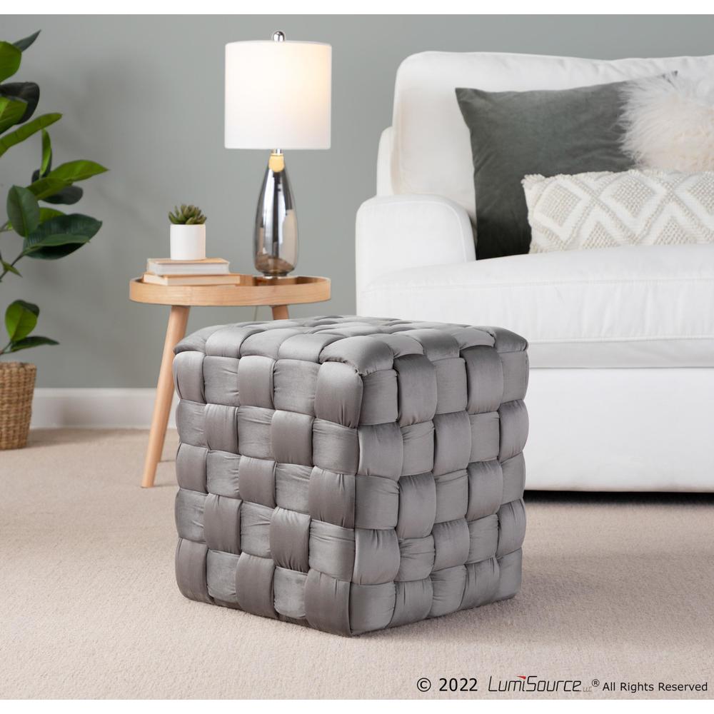 Dark Grey Velvet Braided Square 16" Ottoman. Picture 4