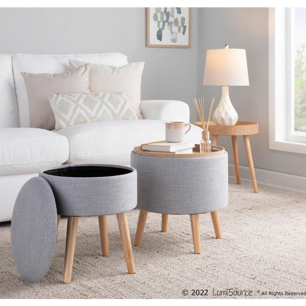 Natural Wood, Light Grey Fabric Tray Storage Ottoman Set. Picture 9