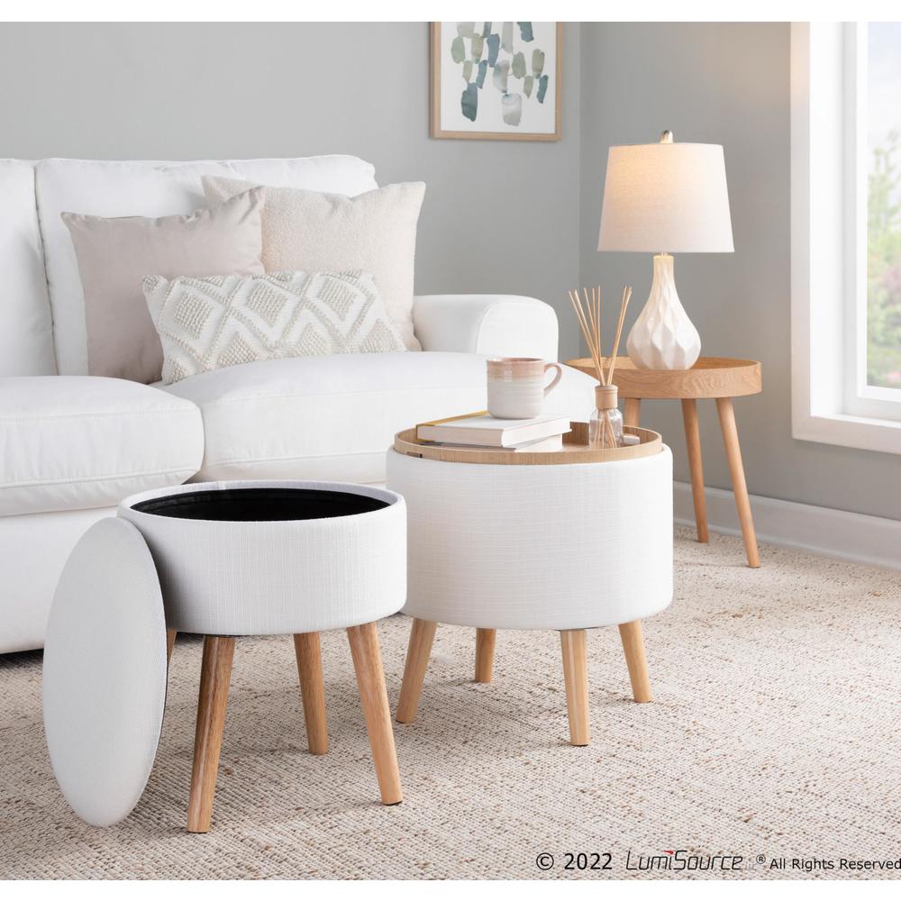 Natural Wood, Cream Fabric Tray Storage Ottoman Set. Picture 9