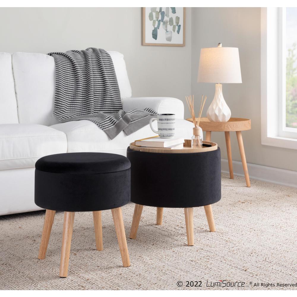 Natural Wood, Black Velvet Tray Storage Ottoman Set. Picture 8