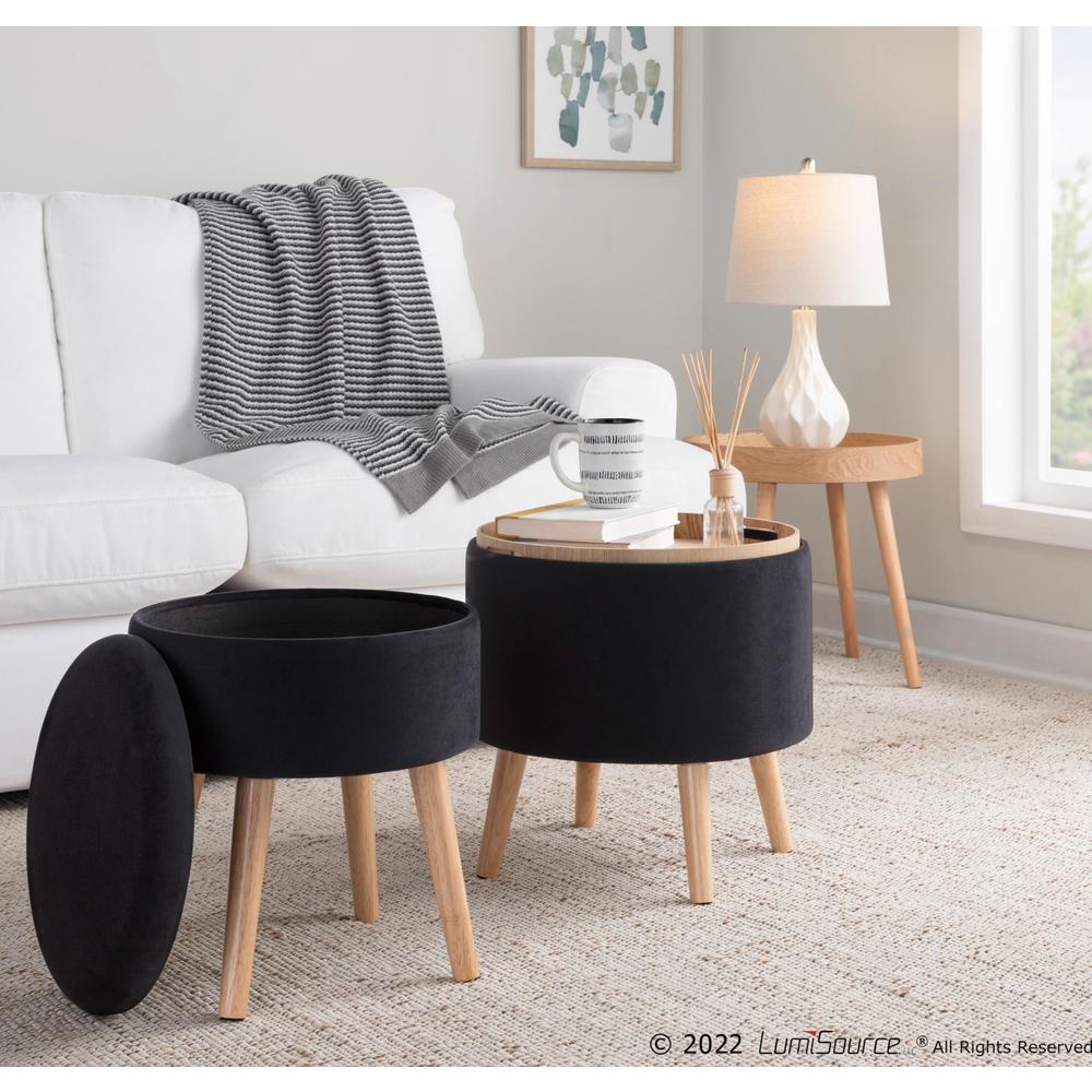 Natural Wood, Black Velvet Tray Storage Ottoman Set. Picture 9