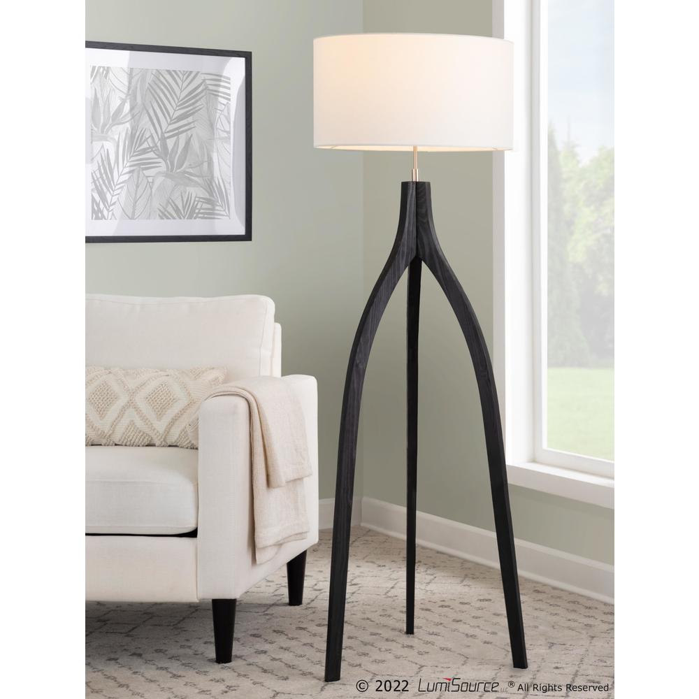Black Wood, White Fabric Wishbone Floor Lamp. Picture 9