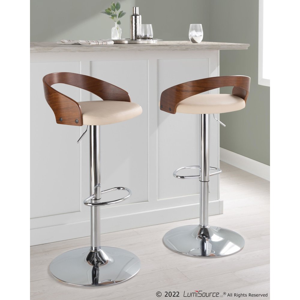 Chrome Metal, Walnut Wood, Cream PU Grotto Adjustable Height Barstool - Set of 2. Picture 7