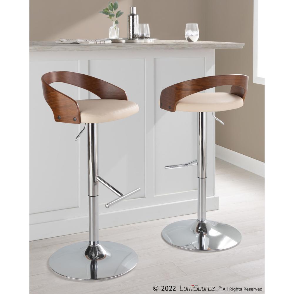 Chrome Metal, Walnut Wood, Cream PU Grotto Adjustable Barstool - Set of 2. Picture 8