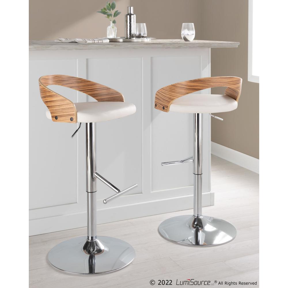 Chrome Metal, Zebra Wood, White PU Grotto Adjustable Barstool - Set of 2. Picture 9