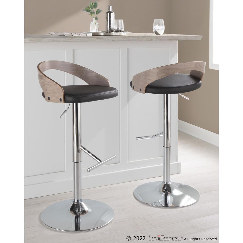 Chrome Metal, Light Grey Wood, Black PU Grotto Adjustable Barstool - Set of 2. Picture 8