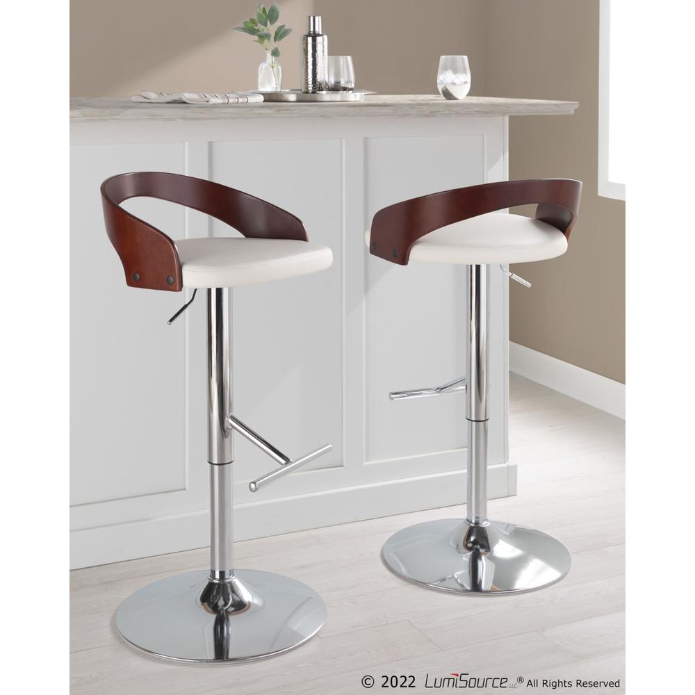 Chrome Metal, Cherry Wood, White PU Grotto Adjustable Barstool - Set of 2. Picture 8