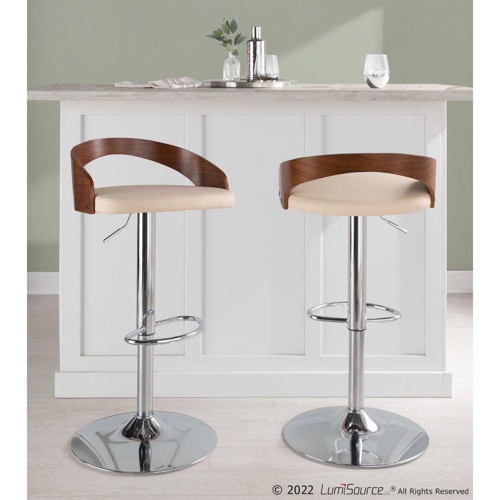 Chrome Metal, Walnut Wood, Cream PU Grotto Adjustable Height Barstool - Set of 2. Picture 8