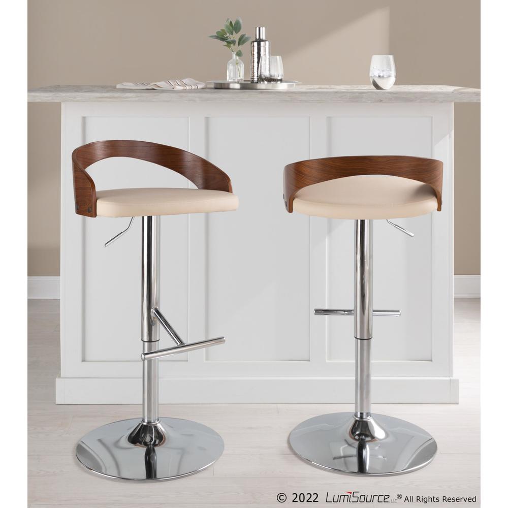 Chrome Metal, Walnut Wood, Cream PU Grotto Adjustable Barstool - Set of 2. Picture 9