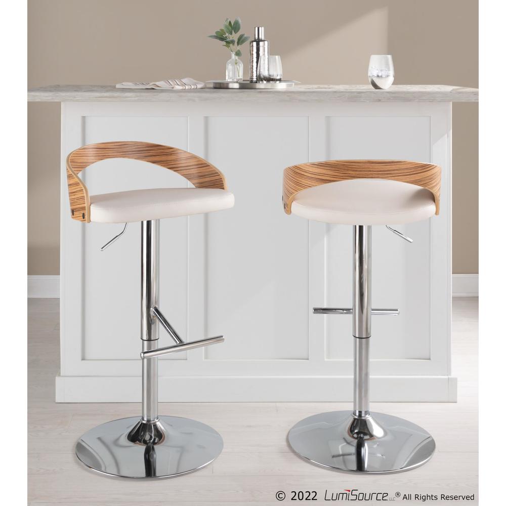 Chrome Metal, Zebra Wood, White PU Grotto Adjustable Barstool - Set of 2. Picture 8
