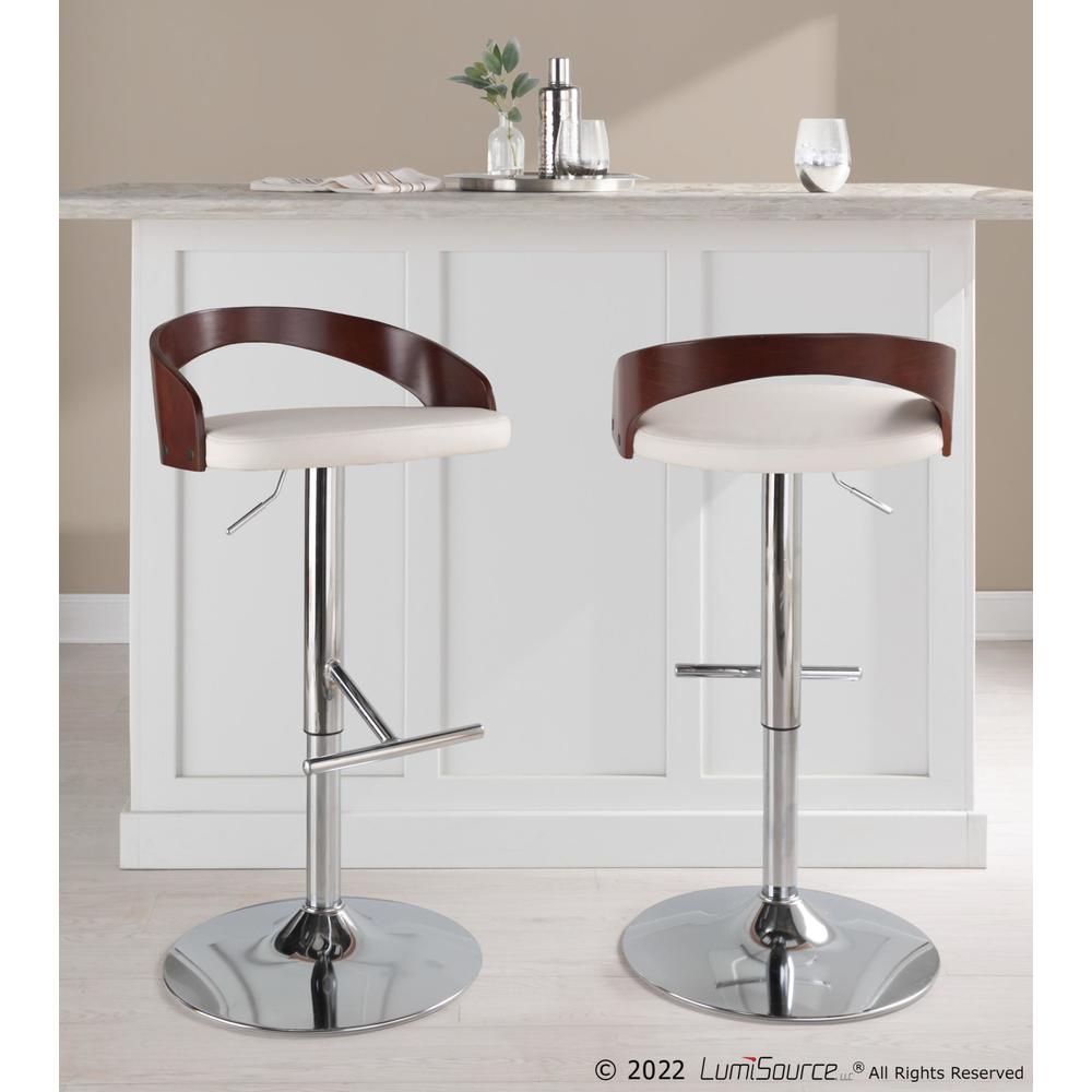 Chrome Metal, Cherry Wood, White PU Grotto Adjustable Barstool - Set of 2. Picture 9