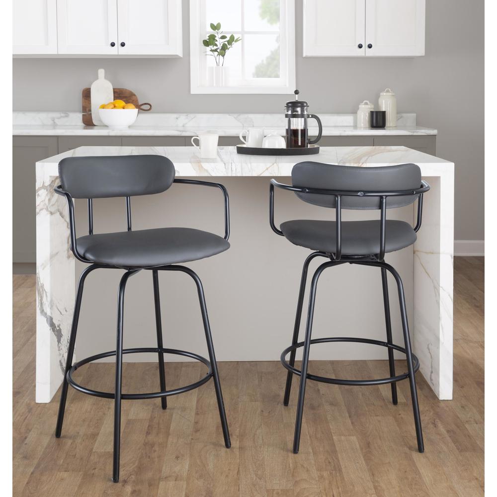 Black Metal , Grey PU Demi 26" Fixed-Height Counter Stool - Set of 2. Picture 2