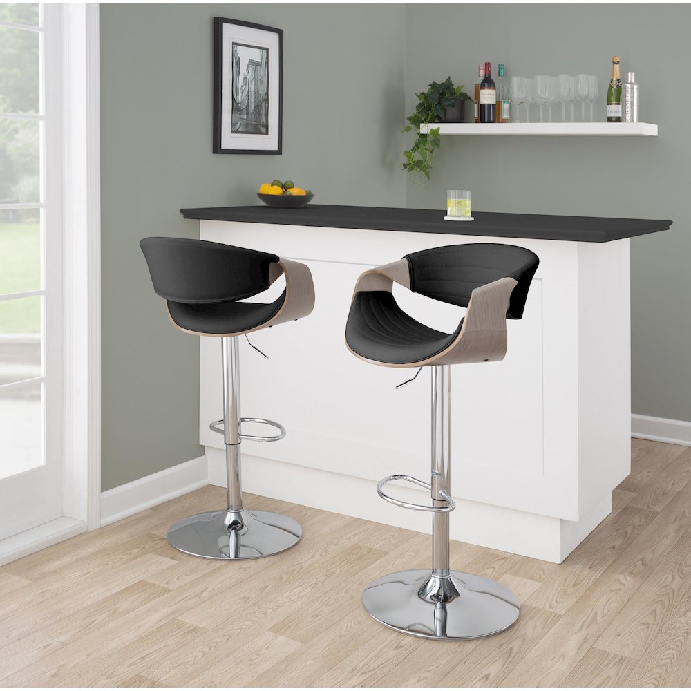Chrome, Light Grey Wood, Black PU Symphony Adjustable Barstool - Set of 2. Picture 8