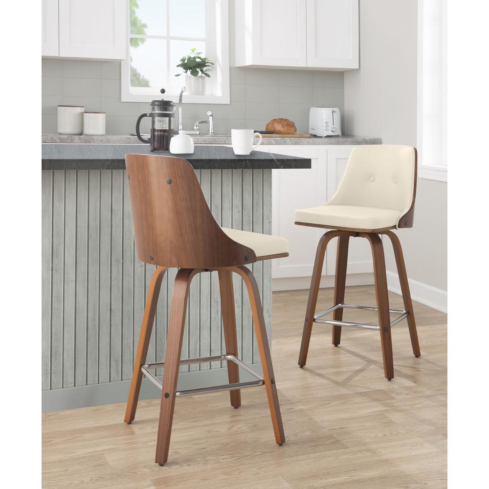 Walnut Wood, Chrome Metal, Cream PU Gianna Fixed-Height Counter Stool - Set of 2. Picture 8