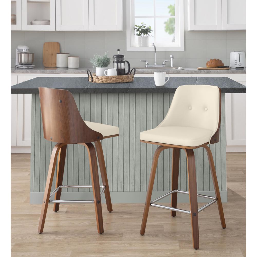 Walnut Wood, Chrome Metal, Cream PU Gianna Fixed-Height Counter Stool - Set of 2. Picture 9