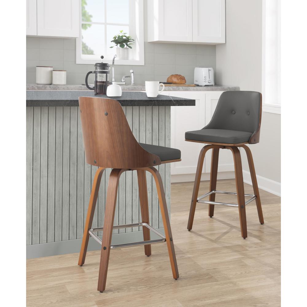 Walnut Wood, Chrome Metal, Grey PU Gianna Fixed-Height Counter Stool - Set of 2. Picture 8