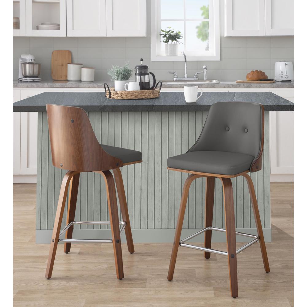 Walnut Wood, Chrome Metal, Grey PU Gianna Fixed-Height Counter Stool - Set of 2. Picture 9