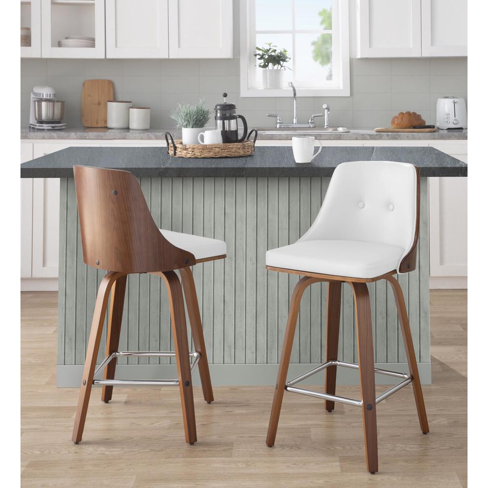 Walnut Wood, Chrome Metal, White PU Gianna Fixed-Height Counter Stool - Set of 2. Picture 9
